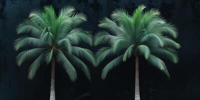 Two lush green palm trees stand tall in a black setting. photo