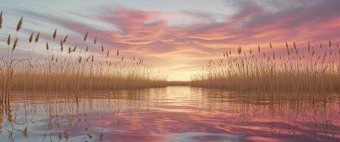 golden reeds line a tranquil waterway mirroring the dramatic sunset sky above in a stunning reflection photo