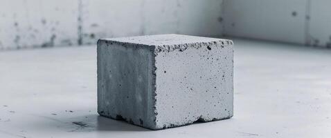 Gray concrete cinder block with rough textured surface centered on a clean white backdrop showcasing ample copy space for design use. photo