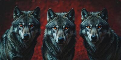 Three Wolves With Intense Red Eyes On A Textured Red Background photo