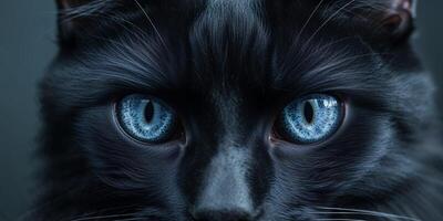 Macro close up of intense piercing black cat eyes with a mysterious and eerie expression. photo