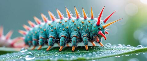 A colorful caterpillar on a leaf with water droplets photo