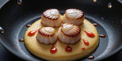 A pan with two scallops on top of a sauce photo