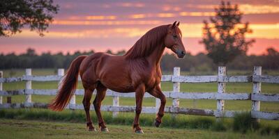 A horse is standing in the grass at sunset photo