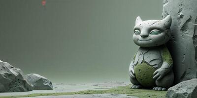 A cat statue sitting on a rock in a field photo
