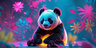 Panda bear in the forest with flowers photo
