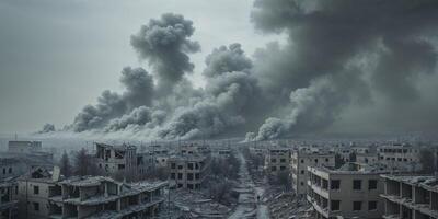 Wide Angle Shot of a War Zone Featuring Destroyed Buildings and Smoke Rising Amidst a Devastated Landscape in a Gloomy Atmospheric Setting. photo