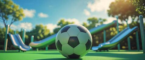 Large soccer ball centerpiece on playground with slides and trees under a clear blue sky. photo