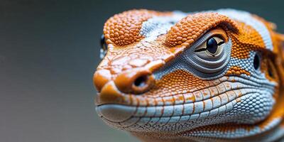Lizard with orange and white markings on its face is shown in a close up photo