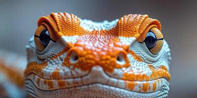 Lizard with orange and white markings on its face is shown in a close up. photo