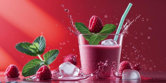 Refreshing raspberry smoothie with splashes and fresh ingredients on a red background. photo
