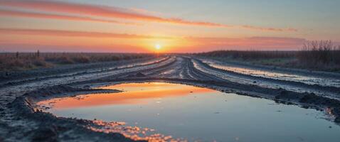 Sunset Landscape Mud Track Path Puddle Reflection photo