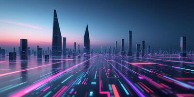 Futuristic Digital Landscape with Neon Lights and Data Streams. photo