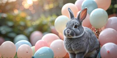 Grey rabbit joyful surrounded by pastel balloons in outdoor festive setting with copy space photo