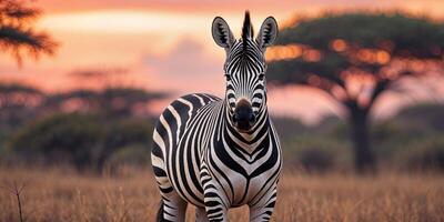 A zebra standing in a field with a sunset in the background photo