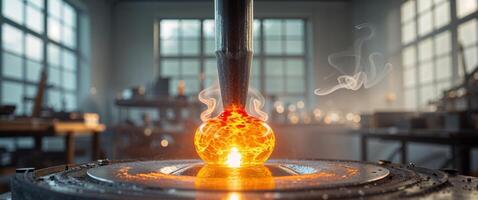 A glass object being heated in a furnace photo