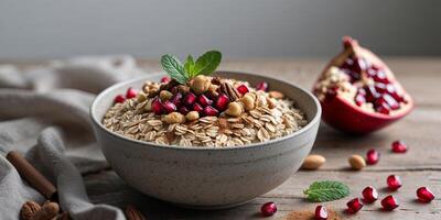 Oats and nuts in a bowl with pomegranate and cinnamon photo