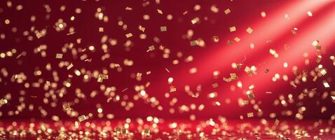 Red background with gold confetti falling from the ceiling photo