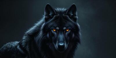 Black wolf with glowing eyes on dark background photo