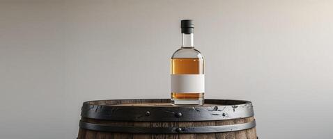 Whiskey bottle mockup on aged oak barrel with empty label space. photo