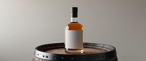 Whiskey bottle mockup on aged oak barrel with empty label space photo