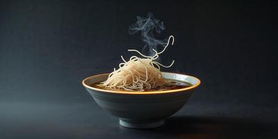Steaming Bowl Of Noodles In A Dark Setting photo