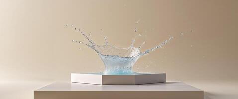 Square podium and water splash on beige background photo