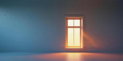 Illuminated window shining in the twilight on a blue wall photo