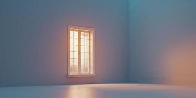 Illuminated window shining in the twilight on a blue wall. photo
