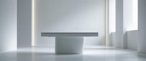 A white table in a room with a window photo