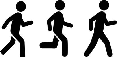 Black Stick Figures in Walking Running Poses Isolated on White Background, Icon Set vector