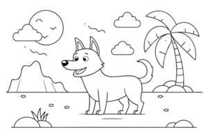 Cartoon Dog Outline, Beach with Palm Tree, Clouds, and Mountain Line Art vector