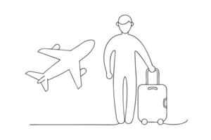 Line Art of Traveler with Suitcase and Plane on White Background Travel Theme vector