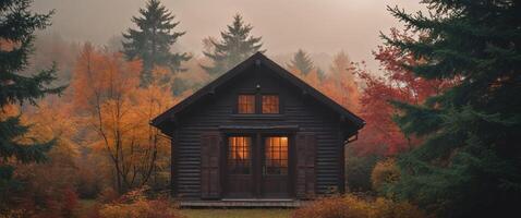 A small cabin in the woods with a foggy sky photo