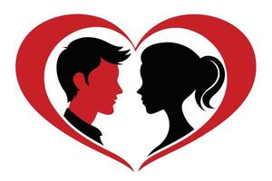Red Heart Shape Silhouette with a Man and Woman Facing Each Other on White vector