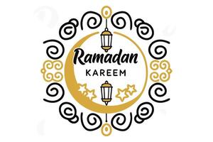 Ramadan Kareem Calligraphy with Crescent Moon, Stars and Lanterns on White Background vector