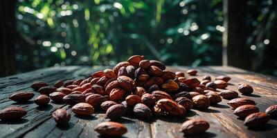 Cocoa beans on wooden table in jungle setting photo