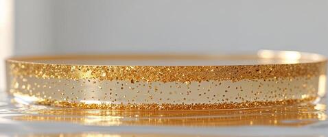 A tight shot of golden liquid with dense gold flakes at its base and a similar layer on the liquid's bottom photo
