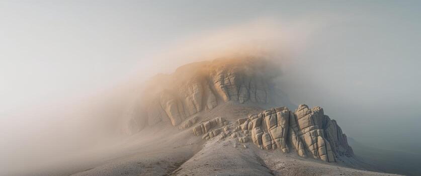 A tight shot of a rock formation with a hazy portion at its summit and a clearer view at the base photo