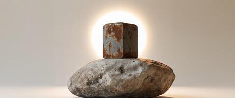 A tight shot of a rock with a rusted metal object embedded in its midst photo