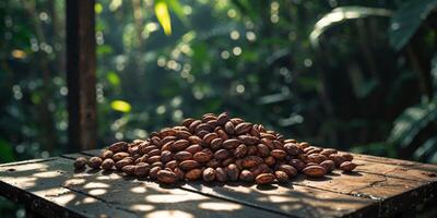 Cocoa beans on wooden table in jungle setting. photo