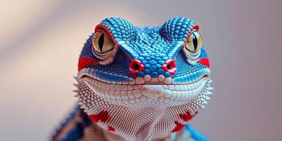 A colorful lizard with blue and red markings on its face photo