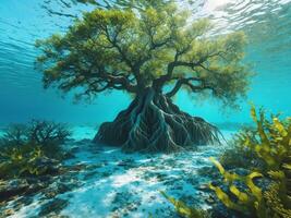 An underwater view of a tree with roots photo