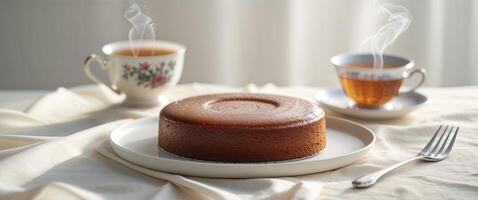 A cake on a plate with two cups of tea photo