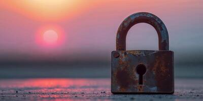 A rusty padlock on the ground with the sun setting in the background photo