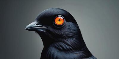 A close up of a black bird with orange eyes photo