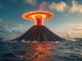 A volcano erupting into the ocean with lava coming out photo
