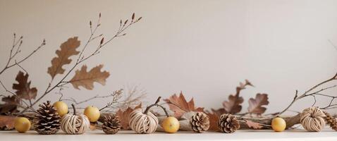 A table with a bunch of autumn decorations photo