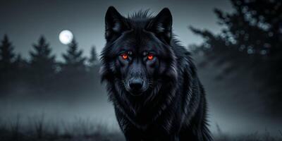 A black wolf with red eyes in the dark photo