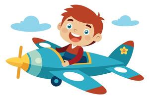 Cartoon Boy Pilot on Blue Airplane with Propeller on White Background and Clouds vector